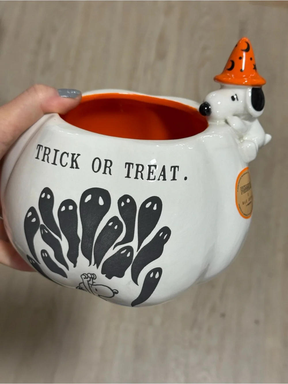 Halloween rae dunn Ceramic Treat Bowl with Snoopy Accent - White & Orange
